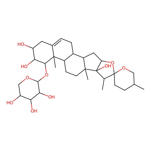2D Structure of 5',7,9,13-Tetramethyl-14-(3,4,5-trihydroxyoxan-2-yl)oxyspiro[5-oxapentacyclo[10.8.0.02,9.04,8.013,18]icos-18-ene-6,2'-oxane]-8,15,16-triol