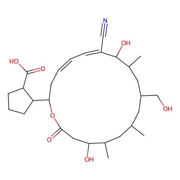 2D Structure of trans-(1R,2R)-2-[(2S,8R,9S,11R,13S,15S,16S)-7-cyano-8,16-dihydroxy-11-(hydroxymethyl)-9,13,15-trimethyl-18-oxo-1-oxacyclooctadeca-4,6-dien-2-yl]cyclopentane-1-carboxylic acid