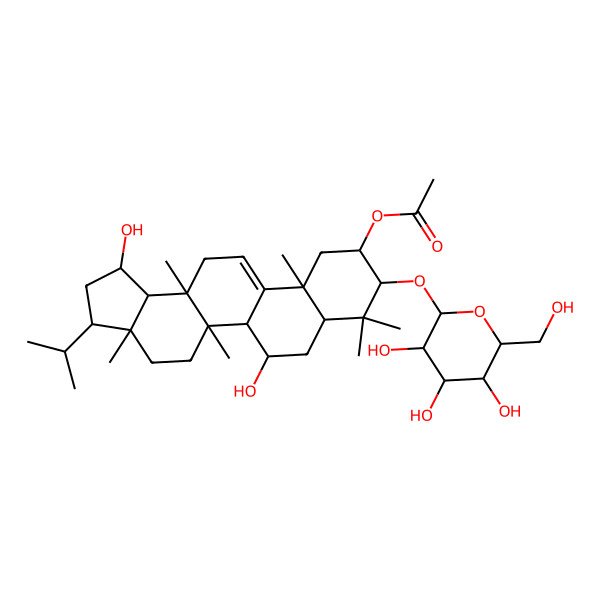 2D Structure of [(1R,3S,3aS,5aS,5bS,6S,7aR,9R,10R,11aS,13aR,13bS)-1,6-dihydroxy-3a,5a,8,8,11a,13a-hexamethyl-3-propan-2-yl-9-[(2R,3S,4S,5S,6S)-3,4,5-trihydroxy-6-(hydroxymethyl)oxan-2-yl]oxy-1,2,3,4,5,5b,6,7,7a,9,10,11,13,13b-tetradecahydrocyclopenta[a]chrysen-10-yl] acetate