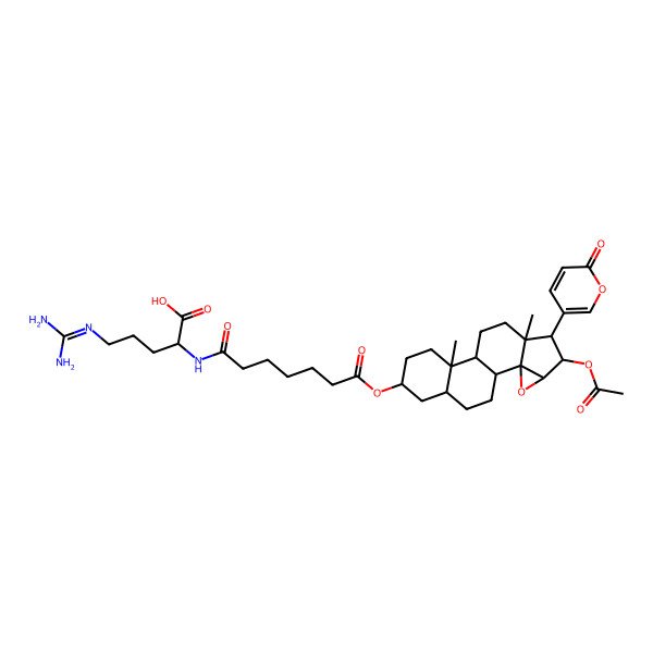 2D Structure of (2S)-2-[[7-[[(1R,2S,4R,5R,6R,7R,10S,11S,14S,16R)-5-acetyloxy-7,11-dimethyl-6-(6-oxopyran-3-yl)-3-oxapentacyclo[8.8.0.02,4.02,7.011,16]octadecan-14-yl]oxy]-7-oxoheptanoyl]amino]-5-(diaminomethylideneamino)pentanoic acid