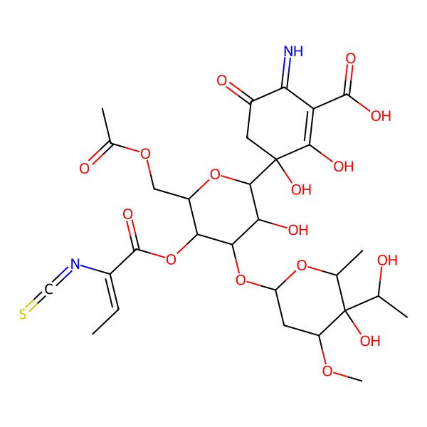 2D Structure of (3R)-3-[(2R,3R,4S,5R,6S)-6-(acetyloxymethyl)-3-hydroxy-4-[(2R,4R,5S,6R)-5-hydroxy-5-[(1S)-1-hydroxyethyl]-4-methoxy-6-methyloxan-2-yl]oxy-5-[(Z)-2-isothiocyanatobut-2-enoyl]oxyoxan-2-yl]-2,3-dihydroxy-6-imino-5-oxocyclohexene-1-carboxylic acid