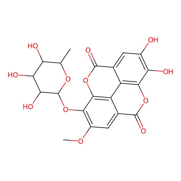 2D Structure of 6,7-dihydroxy-13-methoxy-14-[(2S,3R,4R,5R,6S)-3,4,5-trihydroxy-6-methyloxan-2-yl]oxy-2,9-dioxatetracyclo[6.6.2.04,16.011,15]hexadeca-1(15),4,6,8(16),11,13-hexaene-3,10-dione