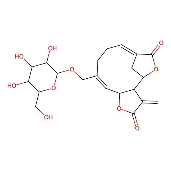 2D Structure of (1S,2R,6R,7Z,11E)-3-methylidene-8-[[(2R,3R,4S,5S,6R)-3,4,5-trihydroxy-6-(hydroxymethyl)oxan-2-yl]oxymethyl]-5,14-dioxatricyclo[10.2.1.02,6]pentadeca-7,11-diene-4,13-dione