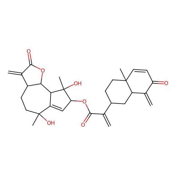 2D Structure of [(3aS,6S,8S,9R,9aS,9bS)-6,9-dihydroxy-6,9-dimethyl-3-methylidene-2-oxo-3a,4,5,8,9a,9b-hexahydroazuleno[4,5-b]furan-8-yl] 2-[(2R,4aS,8aR)-4a-methyl-8-methylidene-7-oxo-2,3,4,8a-tetrahydro-1H-naphthalen-2-yl]prop-2-enoate