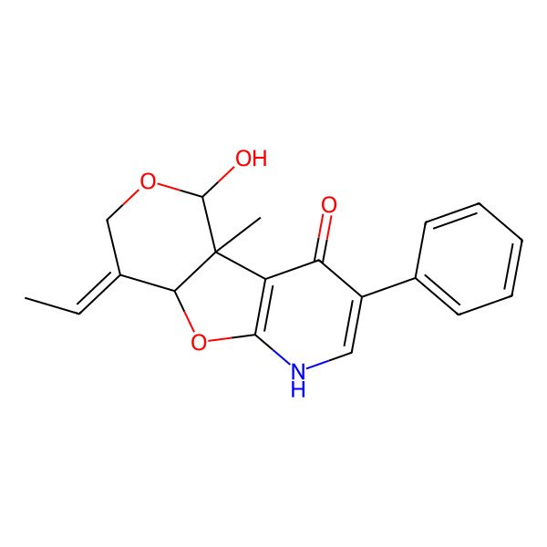 2D Structure of (2R,3S,6E,7R)-6-ethylidene-3-hydroxy-2-methyl-12-phenyl-4,8-dioxa-10-azatricyclo[7.4.0.02,7]trideca-1(9),11-dien-13-one