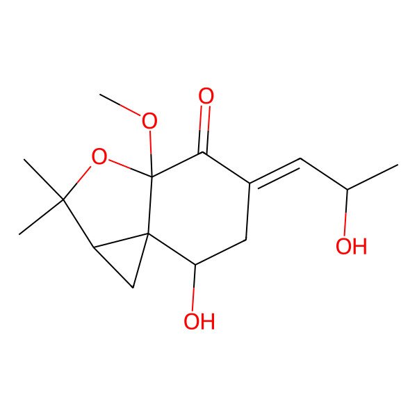 2D Structure of (3aS,5E,7S,7aR)-7-hydroxy-5-[(2R)-2-hydroxypropylidene]-3a-methoxy-2,2-dimethyl-1,1a,6,7-tetrahydrocyclopropa[c][1]benzofuran-4-one