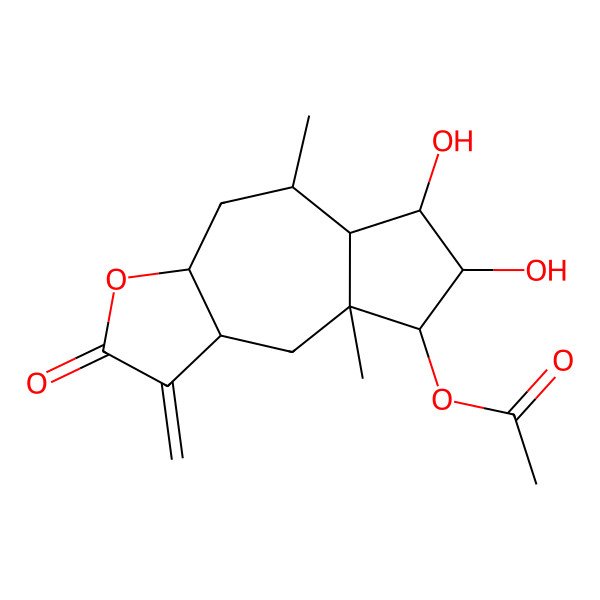 2D Structure of (6,7-dihydroxy-5,8a-dimethyl-1-methylidene-2-oxo-4,5,5a,6,7,8,9,9a-octahydro-3aH-azuleno[6,7-b]furan-8-yl) acetate
