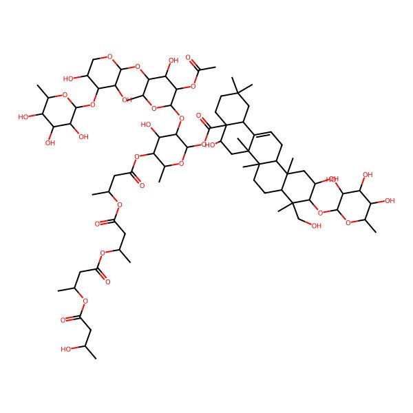 2D Structure of [(2S,3R,4S,5R,6R)-3-[(2S,3R,4R,5R,6S)-3-acetyloxy-5-[(2S,3R,4S,5R)-3,5-dihydroxy-4-[(2S,3R,4R,5R,6S)-3,4,5-trihydroxy-6-methyloxan-2-yl]oxyoxan-2-yl]oxy-4-hydroxy-6-methyloxan-2-yl]oxy-4-hydroxy-5-[(3S)-3-[(3S)-3-[(3S)-3-[(3S)-3-hydroxybutanoyl]oxybutanoyl]oxybutanoyl]oxybutanoyl]oxy-6-methyloxan-2-yl] (4aR,5R,6aR,6aS,6bR,8aR,9R,10R,11S,12aS,14bS)-5,11-dihydroxy-9-(hydroxymethyl)-2,2,6a,6b,9,12a-hexamethyl-10-[(2S,3R,4R,5R,6S)-3,4,5-trihydroxy-6-methyloxan-2-yl]oxy-1,3,4,5,6,6a,7,8,8a,10,11,12,13,14b-tetradecahydropicene-4a-carboxylate