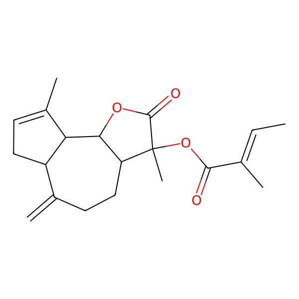 2D Structure of (3,9-dimethyl-6-methylidene-2-oxo-4,5,6a,7,9a,9b-hexahydro-3aH-azuleno[4,5-b]furan-3-yl) 2-methylbut-2-enoate