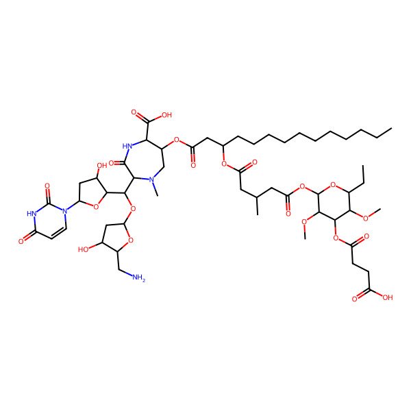 2D Structure of 2-[[5-(Aminomethyl)-4-hydroxyoxolan-2-yl]oxy-[5-(2,4-dioxopyrimidin-1-yl)-3-hydroxyoxolan-2-yl]methyl]-6-[3-[5-[4-(3-carboxypropanoyloxy)-6-ethyl-3,5-dimethoxyoxan-2-yl]oxy-3-methyl-5-oxopentanoyl]oxytetradecanoyloxy]-1-methyl-3-oxo-1,4-diazepane-5-carboxylic acid