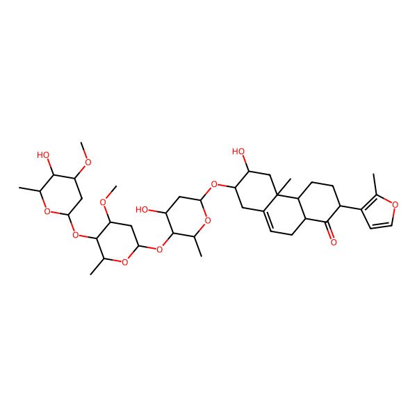2D Structure of (2R,4aS,4bR,6R,7R,10aR)-6-hydroxy-7-[(2S,4S,5S,6R)-4-hydroxy-5-[(2R,4R,5S,6S)-5-[(2R,4R,5R,6R)-5-hydroxy-4-methoxy-6-methyloxan-2-yl]oxy-4-methoxy-6-methyloxan-2-yl]oxy-6-methyloxan-2-yl]oxy-4b-methyl-2-(2-methylfuran-3-yl)-2,3,4,4a,5,6,7,8,10,10a-decahydrophenanthren-1-one