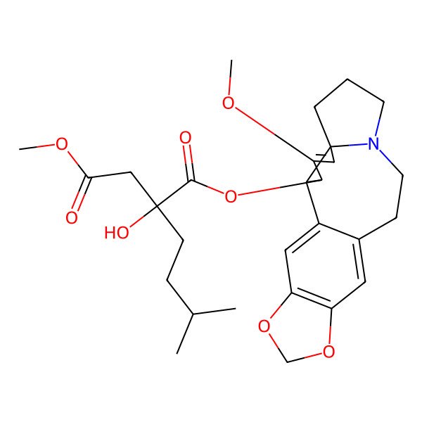 2D Structure of 1-O-[(2S,3S,6S)-4-methoxy-16,18-dioxa-10-azapentacyclo[11.7.0.02,6.06,10.015,19]icosa-1(20),4,13,15(19)-tetraen-3-yl] 4-O-methyl (2R)-2-hydroxy-2-(3-methylbutyl)butanedioate