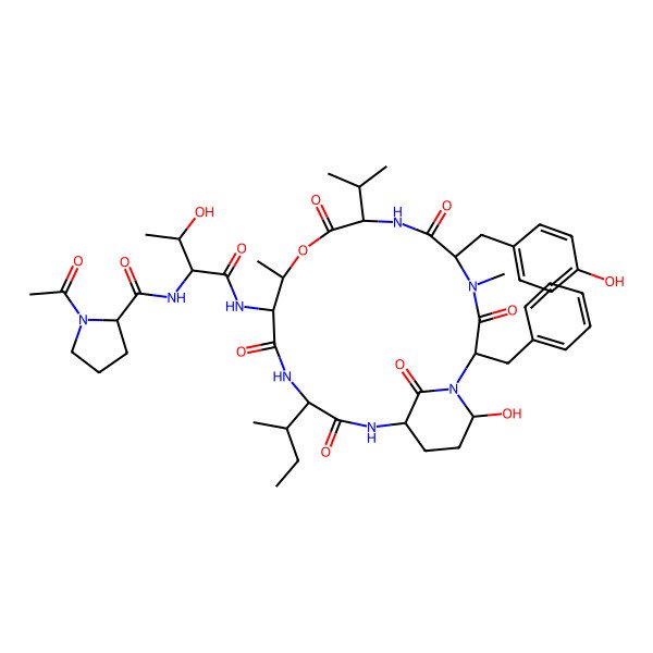 2D Structure of (2S)-1-acetyl-N-[(2S,3R)-1-[[(2S,5S,8S,11R,12S,15S,18R,21S)-2-benzyl-15-[(2S)-butan-2-yl]-21-hydroxy-5-[(4-hydroxyphenyl)methyl]-4,11-dimethyl-3,6,9,13,16,22-hexaoxo-8-propan-2-yl-10-oxa-1,4,7,14,17-pentazabicyclo[16.3.1]docosan-12-yl]amino]-3-hydroxy-1-oxobutan-2-yl]pyrrolidine-2-carboxamide