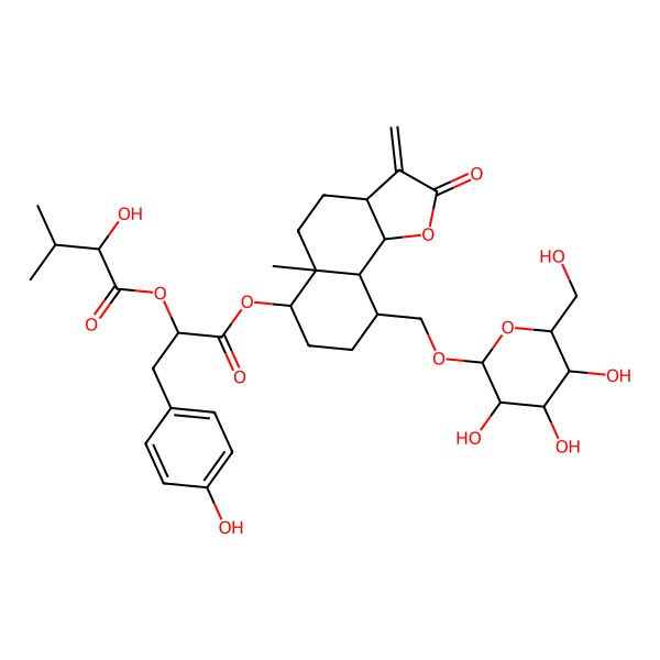 2D Structure of [1-[[(3aS,5aR,6R,9aS,9bS)-5a-methyl-3-methylidene-2-oxo-9-[[(2R,3R,4S,5S,6R)-3,4,5-trihydroxy-6-(hydroxymethyl)oxan-2-yl]oxymethyl]-4,5,6,7,8,9,9a,9b-octahydro-3aH-benzo[g][1]benzofuran-6-yl]oxy]-3-(4-hydroxyphenyl)-1-oxopropan-2-yl] 2-hydroxy-3-methylbutanoate
