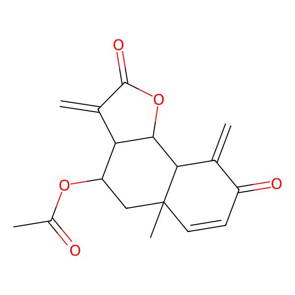 2D Structure of Naphtho(1,2-b)furan-2,8(3H,4H)-dione, 4-(acetyloxy)-3a,5,5a,9,9a,9b-hexahydro-5a-methyl-3,9-bis(methylene)-, (3aR,4S,5aS,9aR,9bR)-