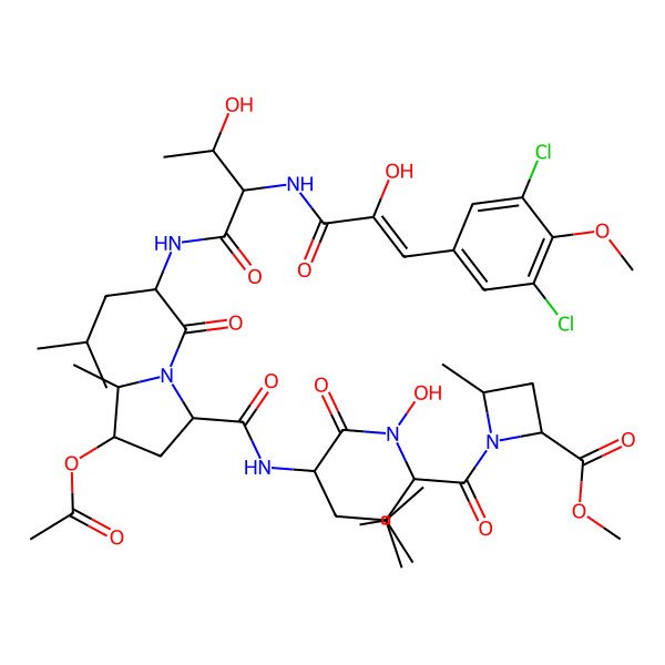 2D Structure of Methyl 1-[2-[[2-[[4-acetyloxy-1-[2-[[2-[[3-(3,5-dichloro-4-methoxyphenyl)-2-hydroxyprop-2-enoyl]amino]-3-hydroxybutanoyl]amino]-4-methylpentanoyl]-5-methylpyrrolidine-2-carbonyl]amino]-4-methylpentanoyl]-hydroxyamino]-3-methylbutanoyl]-4-methylazetidine-2-carboxylate