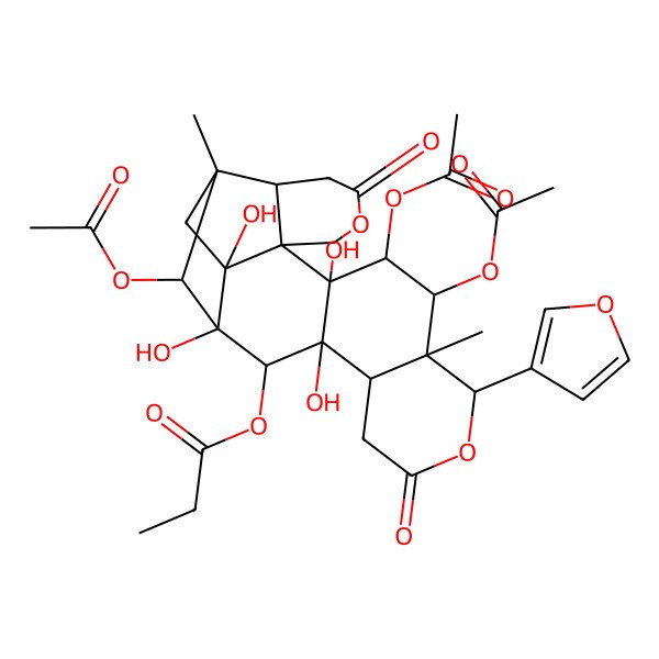 2D Structure of [9,10,22-Triacetyloxy-12-(furan-3-yl)-8,17,19,20-tetrahydroxy-1,11-dimethyl-4,14-dioxo-5,13-dioxahexacyclo[17.2.1.02,7.07,20.08,17.011,16]docosan-18-yl] propanoate