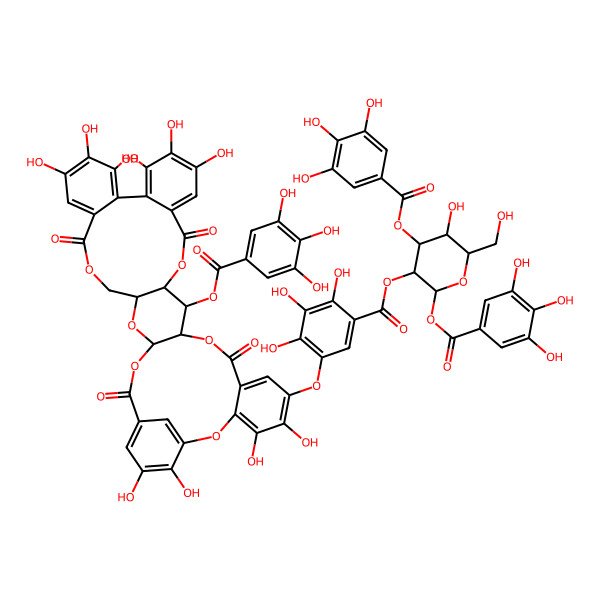 2D Structure of [5-Hydroxy-6-(hydroxymethyl)-2,4-bis[(3,4,5-trihydroxybenzoyl)oxy]oxan-3-yl] 5-[[4,5,18,19,20,23,24,25,38,39-decahydroxy-9,15,28,35-tetraoxo-12-(3,4,5-trihydroxybenzoyl)oxy-2,10,14,29,32,34-hexaoxaheptacyclo[34.3.1.03,8.011,33.013,31.016,21.022,27]tetraconta-1(40),3,5,7,16,18,20,22,24,26,36,38-dodecaen-6-yl]oxy]-2,3,4-trihydroxybenzoate