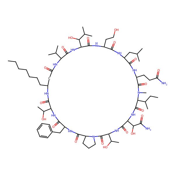 2D Structure of cyclo[DL-Asn(3-OH)-DL-xiThr-DL-Pro-DL-Phe-DL-xiThr-bAla(3-heptyl)-DL-Val-DL-Leu(3-OH)-DL-Hse-DL-Leu-DL-Gln-DL-N(Me)xiIle]