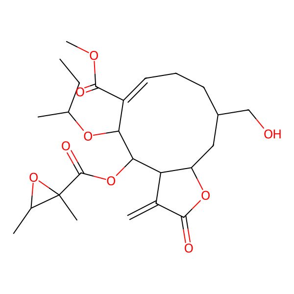 2D Structure of methyl (3aR,4R,5R,6E,10S,11aS)-5-[(2S)-butan-2-yl]oxy-4-[(2S,3S)-2,3-dimethyloxirane-2-carbonyl]oxy-10-(hydroxymethyl)-3-methylidene-2-oxo-3a,4,5,8,9,10,11,11a-octahydrocyclodeca[b]furan-6-carboxylate