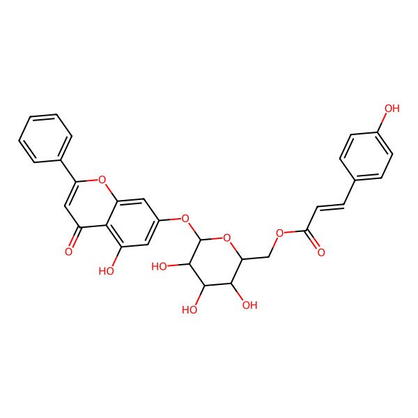 2D Structure of [(2R,3S,4S,5R,6S)-3,4,5-trihydroxy-6-(5-hydroxy-4-oxo-2-phenylchromen-7-yl)oxyoxan-2-yl]methyl (E)-3-(4-hydroxyphenyl)prop-2-enoate