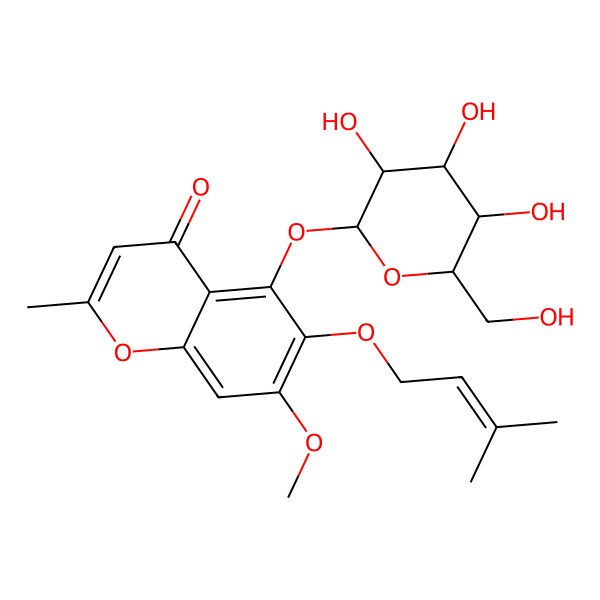 2D Structure of 7-methoxy-2-methyl-6-(3-methylbut-2-enoxy)-5-[(2S,3R,4S,5S,6R)-3,4,5-trihydroxy-6-(hydroxymethyl)oxan-2-yl]oxychromen-4-one