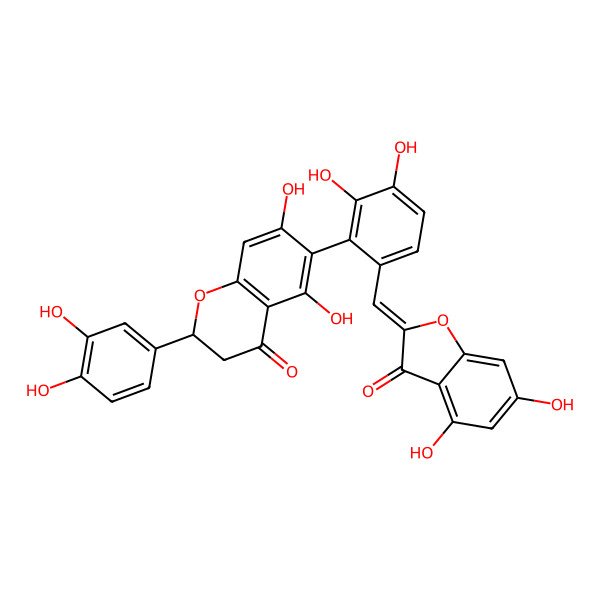 2D Structure of (2S)-6-[6-[(Z)-(4,6-dihydroxy-3-oxo-1-benzofuran-2-ylidene)methyl]-2,3-dihydroxyphenyl]-2-(3,4-dihydroxyphenyl)-5,7-dihydroxy-2,3-dihydrochromen-4-one
