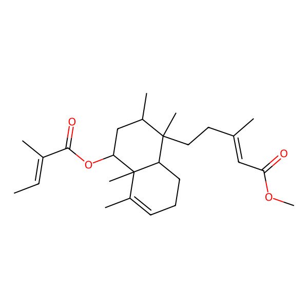 2D Structure of methyl (E)-5-[(1S,2R,4S,4aR,8aR)-1,2,4a,5-tetramethyl-4-[(Z)-2-methylbut-2-enoyl]oxy-2,3,4,7,8,8a-hexahydronaphthalen-1-yl]-3-methylpent-2-enoate