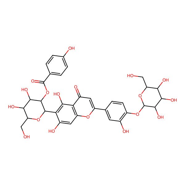 2D Structure of [2-[5,7-Dihydroxy-2-[3-hydroxy-4-[3,4,5-trihydroxy-6-(hydroxymethyl)oxan-2-yl]oxyphenyl]-4-oxochromen-6-yl]-4,5-dihydroxy-6-(hydroxymethyl)oxan-3-yl] 4-hydroxybenzoate