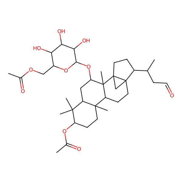 2D Structure of [(2R,3S,4S,5R,6R)-6-[[(1S,2R,3R,5R,7R,10S,11R,14R,15S)-7-acetyloxy-2,6,6,10-tetramethyl-15-[(2R)-4-oxobutan-2-yl]-3-pentacyclo[12.3.1.01,14.02,11.05,10]octadecanyl]oxy]-3,4,5-trihydroxyoxan-2-yl]methyl acetate