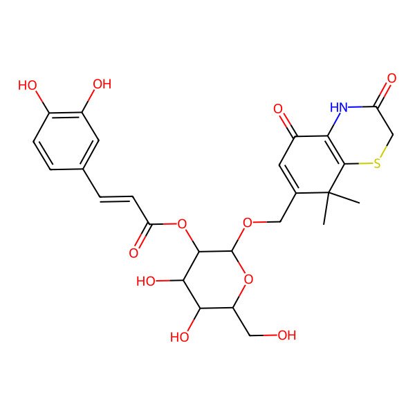 2D Structure of [(2R,3R,4S,5S,6R)-2-[(8,8-dimethyl-3,5-dioxo-4H-1,4-benzothiazin-7-yl)methoxy]-4,5-dihydroxy-6-(hydroxymethyl)oxan-3-yl] (E)-3-(3,4-dihydroxyphenyl)prop-2-enoate
