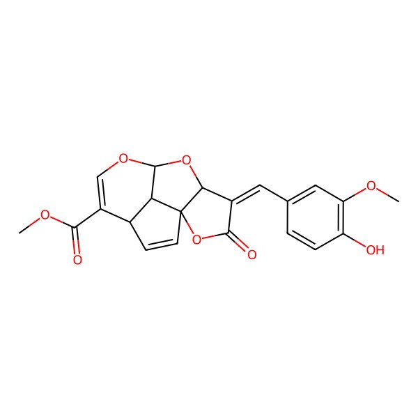 2D Structure of methyl (1R,4R,8R,11E,14S)-11-[(4-hydroxy-3-methoxyphenyl)methylidene]-12-oxo-7,9,13-trioxatetracyclo[6.5.1.01,10.04,14]tetradeca-2,5-diene-5-carboxylate