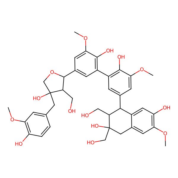 2D Structure of 4-[4-hydroxy-3-[2-hydroxy-5-[4-hydroxy-4-[(4-hydroxy-3-methoxyphenyl)methyl]-3-(hydroxymethyl)oxolan-2-yl]-3-methoxyphenyl]-5-methoxyphenyl]-2,3-bis(hydroxymethyl)-7-methoxy-3,4-dihydro-1H-naphthalene-2,6-diol