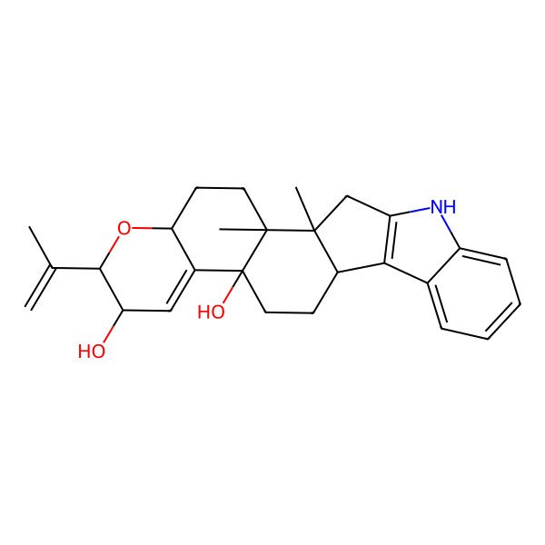 2D Structure of 1,2-Dimethyl-7-prop-1-en-2-yl-6-oxa-22-azahexacyclo[12.10.0.02,11.05,10.015,23.016,21]tetracosa-9,15(23),16,18,20-pentaene-8,11-diol