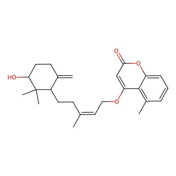 2D Structure of 4-[(E)-5-[(1R,3S)-3-hydroxy-2,2-dimethyl-6-methylidenecyclohexyl]-3-methylpent-2-enoxy]-5-methylchromen-2-one