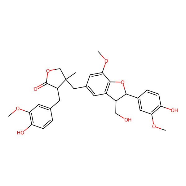 2D Structure of (3R,4R)-4-[[(2S,3R)-2-(4-hydroxy-3-methoxyphenyl)-3-(hydroxymethyl)-7-methoxy-2,3-dihydro-1-benzofuran-5-yl]methyl]-3-[(4-hydroxy-3-methoxyphenyl)methyl]-4-methyloxolan-2-one