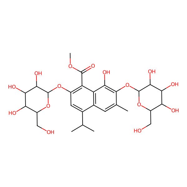 2D Structure of methyl 8-hydroxy-6-methyl-4-propan-2-yl-2,7-bis[[(2S,3R,4S,5S,6R)-3,4,5-trihydroxy-6-(hydroxymethyl)oxan-2-yl]oxy]naphthalene-1-carboxylate