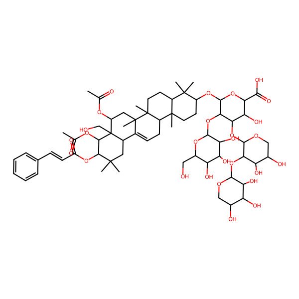 2D Structure of (2S,3S,4S,5R,6R)-6-[[(3S,4aR,6aR,6bS,8R,8aR,9R,10R,12aS,14aR,14bR)-8,9-diacetyloxy-8a-(hydroxymethyl)-4,4,6a,6b,11,11,14b-heptamethyl-10-[(Z)-3-phenylprop-2-enoyl]oxy-1,2,3,4a,5,6,7,8,9,10,12,12a,14,14a-tetradecahydropicen-3-yl]oxy]-4-[(2S,3R,4S,5S)-4,5-dihydroxy-3-[(2S,3R,4S,5R)-3,4,5-trihydroxyoxan-2-yl]oxyoxan-2-yl]oxy-3-hydroxy-5-[(2S,3R,4S,5R,6R)-3,4,5-trihydroxy-6-(hydroxymethyl)oxan-2-yl]oxyoxane-2-carboxylic acid