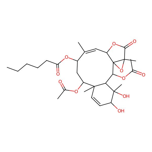 2D Structure of [(1S,2R,3S,4S,5R,8S,9S,11R,12Z,14S,17R)-2,9-diacetyloxy-4,5-dihydroxy-4,8,12,17-tetramethyl-16-oxo-15,18-dioxatetracyclo[12.4.0.01,17.03,8]octadeca-6,12-dien-11-yl] hexanoate