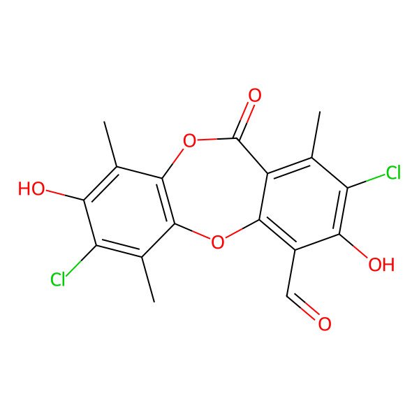 2D Structure of 2,8-Dichloro-3,9-dihydroxy-1,4,7-trimethyl-6-oxobenzo[b][1,4]benzodioxepine-10-carbaldehyde