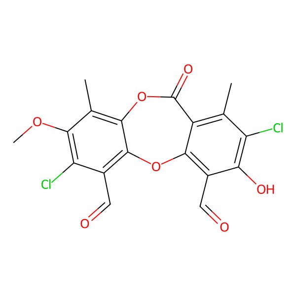 2D Structure of 2,8-Dichloro-9-hydroxy-3-methoxy-4,7-dimethyl-6-oxobenzo[b][1,4]benzodioxepine-1,10-dicarbaldehyde