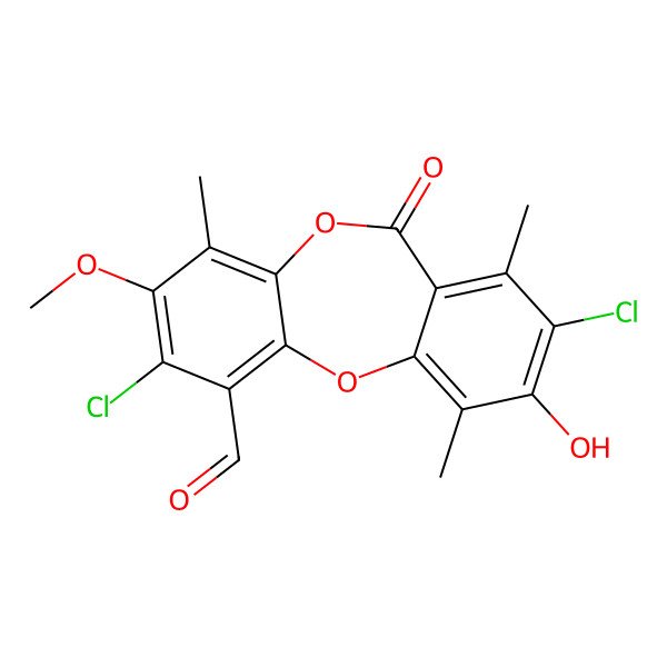 2D Structure of 2,8-Dichloro-9-hydroxy-3-methoxy-4,7,10-trimethyl-6-oxobenzo[b][1,4]benzodioxepine-1-carbaldehyde