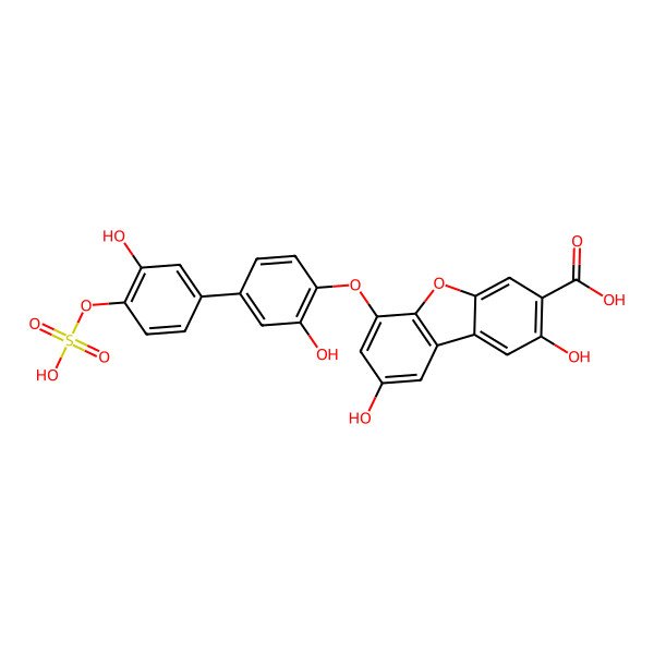 2D Structure of 2,8-Dihydroxy-6-[2-hydroxy-4-(3-hydroxy-4-sulfooxyphenyl)phenoxy]dibenzofuran-3-carboxylic acid