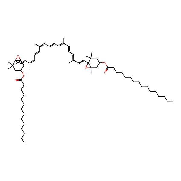 2D Structure of [(1R,3S,6S)-1,5,5-trimethyl-6-[(1E,3E,5E,7E,9E,11E,13E,15E,17E)-3,7,12,16-tetramethyl-18-[(1S,4S,6R)-2,2,6-trimethyl-4-tetradecanoyloxy-7-oxabicyclo[4.1.0]heptan-1-yl]octadeca-1,3,5,7,9,11,13,15,17-nonaenyl]-7-oxabicyclo[4.1.0]heptan-3-yl] hexadecanoate