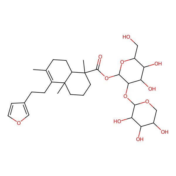 2D Structure of [(2S,3R,4S,5S,6R)-4,5-dihydroxy-6-(hydroxymethyl)-3-[(2S,3R,4S,5R)-3,4,5-trihydroxyoxan-2-yl]oxyoxan-2-yl] (1S,4aS,8aR)-5-[2-(furan-3-yl)ethyl]-1,4a,6-trimethyl-2,3,4,7,8,8a-hexahydronaphthalene-1-carboxylate
