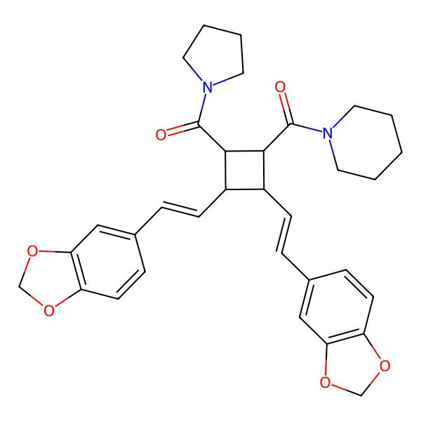 2D Structure of [2,3-Bis[2-(1,3-benzodioxol-5-yl)ethenyl]-4-(pyrrolidine-1-carbonyl)cyclobutyl]-piperidin-1-ylmethanone