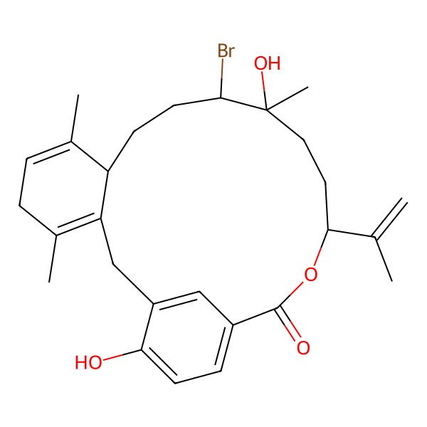 2D Structure of (8S,11R,12S,15S)-11-bromo-12,21-dihydroxy-4,7,12-trimethyl-15-prop-1-en-2-yl-16-oxatricyclo[16.3.1.03,8]docosa-1(21),3,6,18(22),19-pentaen-17-one
