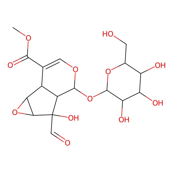 2D Structure of methyl (1S,2S,4S,5R,6S,7S)-5-formyl-5-hydroxy-7-[(2S,3R,4S,5S,6R)-3,4,5-trihydroxy-6-(hydroxymethyl)oxan-2-yl]oxy-3,8-dioxatricyclo[4.4.0.02,4]dec-9-ene-10-carboxylate