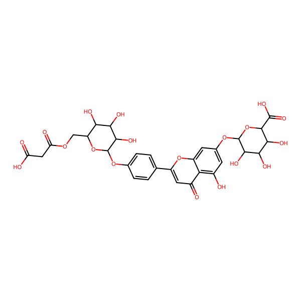 2D Structure of 6-[2-[4-[6-[(2-Carboxyacetyl)oxymethyl]-3,4,5-trihydroxyoxan-2-yl]oxyphenyl]-5-hydroxy-4-oxochromen-7-yl]oxy-3,4,5-trihydroxyoxane-2-carboxylic acid