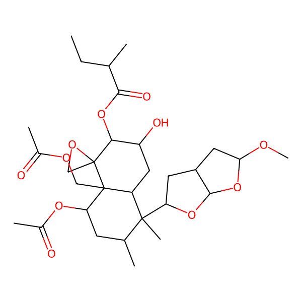 2D Structure of [(1R,2S,3R,4aR,5S,6R,8S,8aR)-5-[(2S,3aS,5S,6aR)-5-methoxy-2,3,3a,4,5,6a-hexahydrofuro[2,3-b]furan-2-yl]-8-acetyloxy-8a-(acetyloxymethyl)-3-hydroxy-5,6-dimethylspiro[3,4,4a,6,7,8-hexahydro-2H-naphthalene-1,2'-oxirane]-2-yl] (2R)-2-methylbutanoate